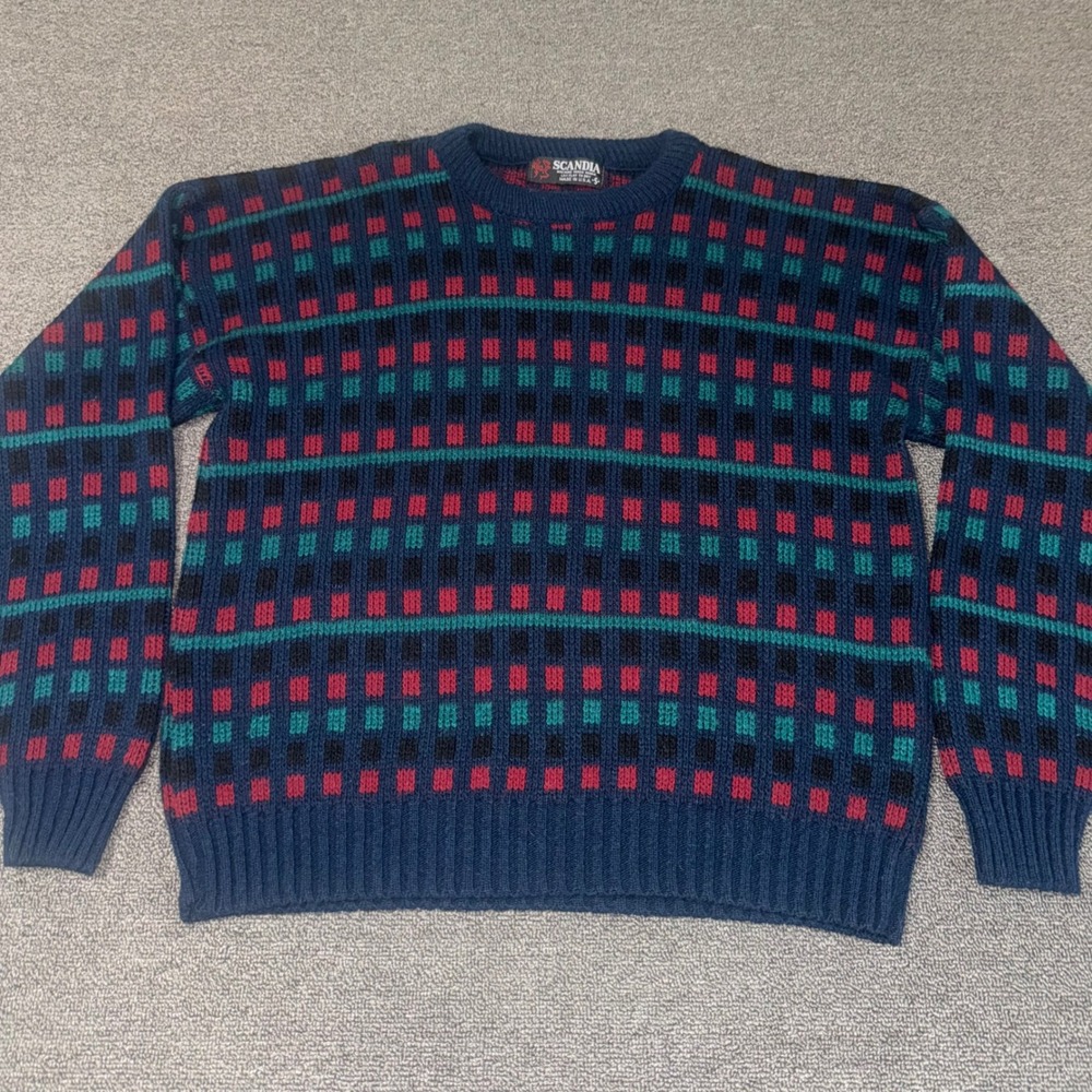 Vintage Scandia Geometric Knit Sweater Navy Red Teal Made in USA Mens Small
